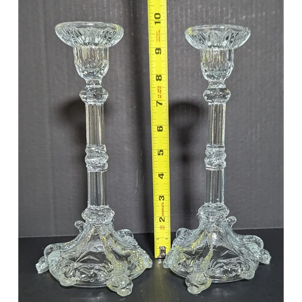 Vtg Clear European Pressed-Glass Koi Fish/Dolphin-Footed Candlesticks (Pair)